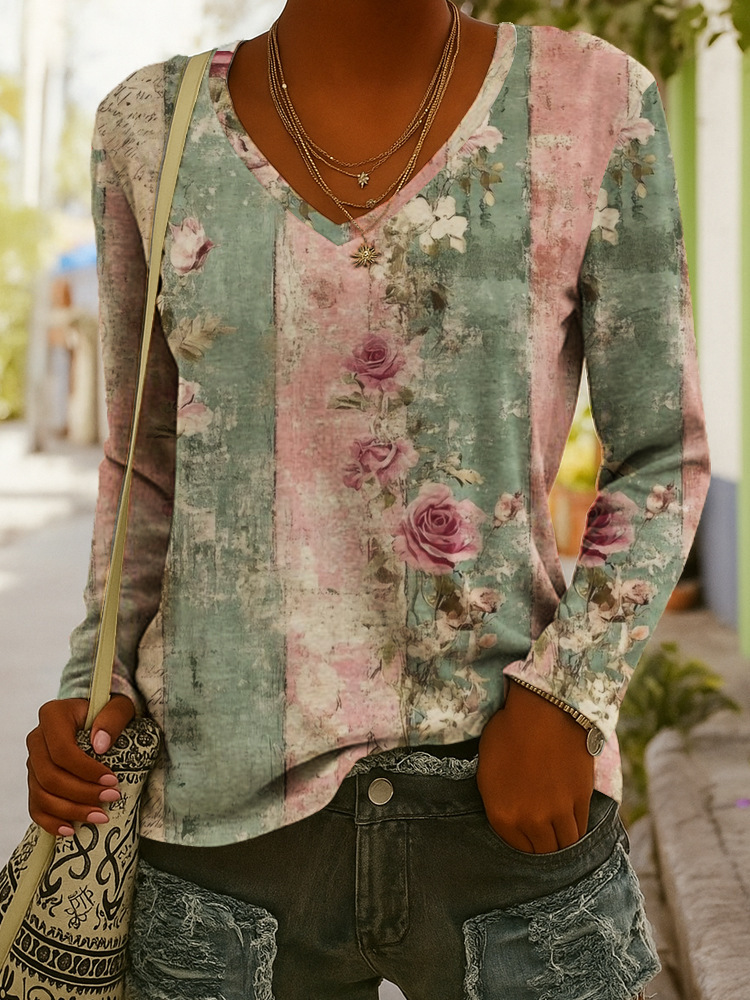 Fashionable Ethnic-Style Printed V-Neck Long-Sleeve T-Shirt - 2 Figure, L