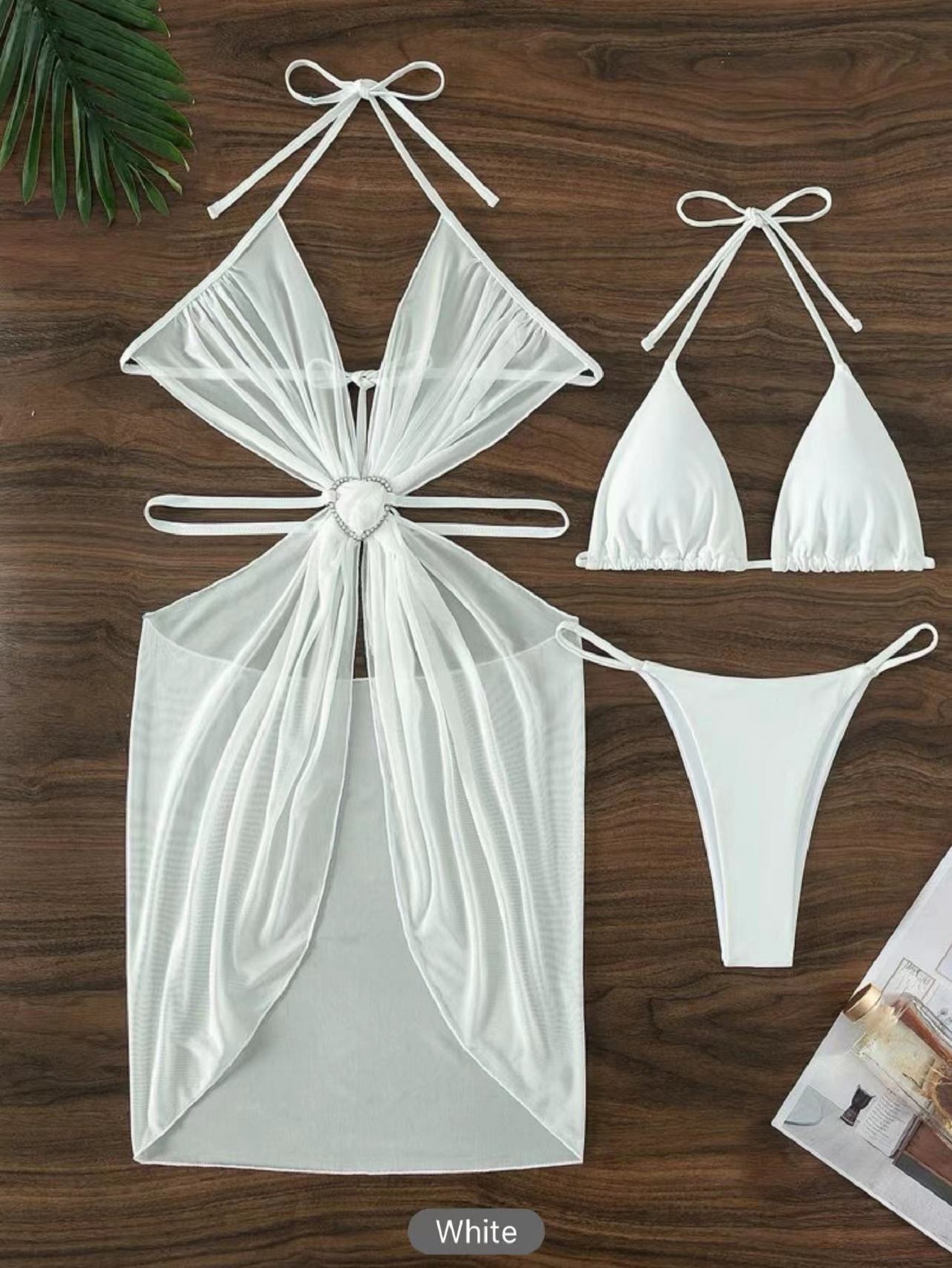 3pcs Halter Neck Bikini Beach Summer Solid Color Split Swimsuit Womens Clothing - White, M