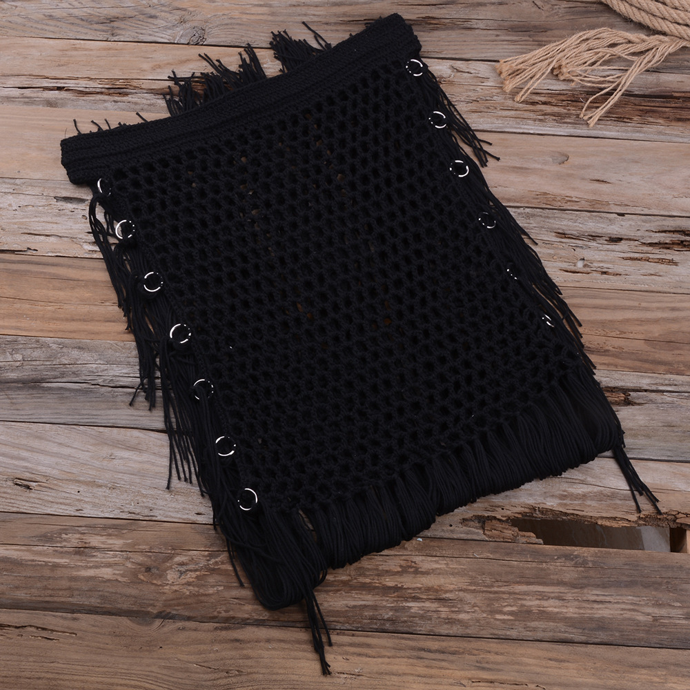 Handwoven Cutout Swimsuit Bikini Maxi Skirt - Black, L