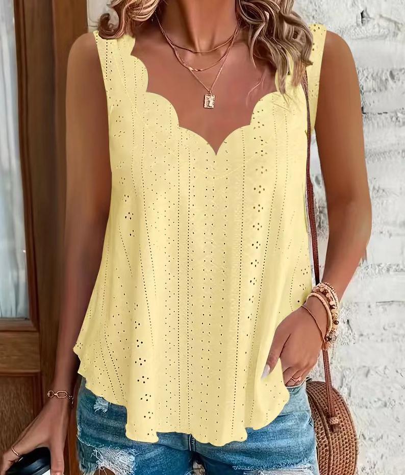 2026 Cross-border Spring And Summer New Style Independent Station Amazon Fashion Summer Plus Size Leisure Solid Color Scallop Edge V-Neck - Light yell