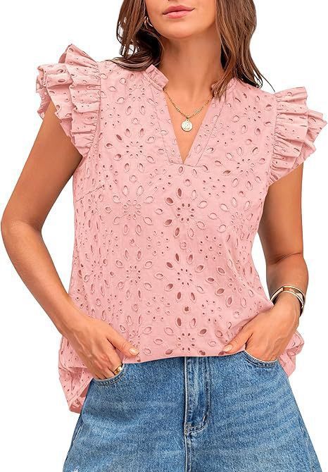 Women's Eyelet Top Fashion Casual V-neck Pleated Cover Sleeve Lace Embroidered Shirt - Pink, XL