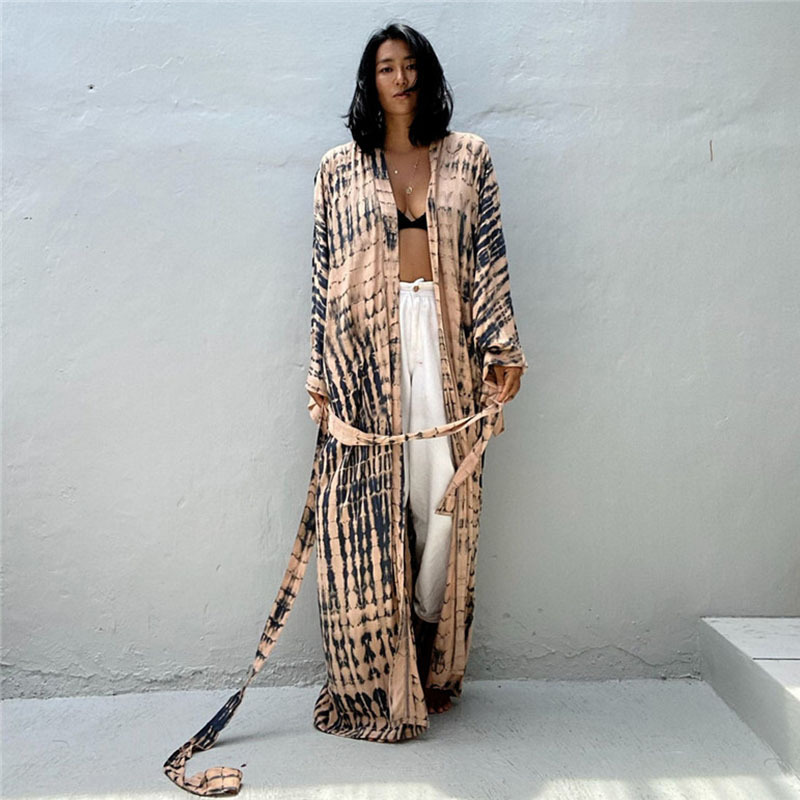 Printed Sexy Loose Sun Protection Bikini Blouse - DN0712 Black Apricot, Average Size