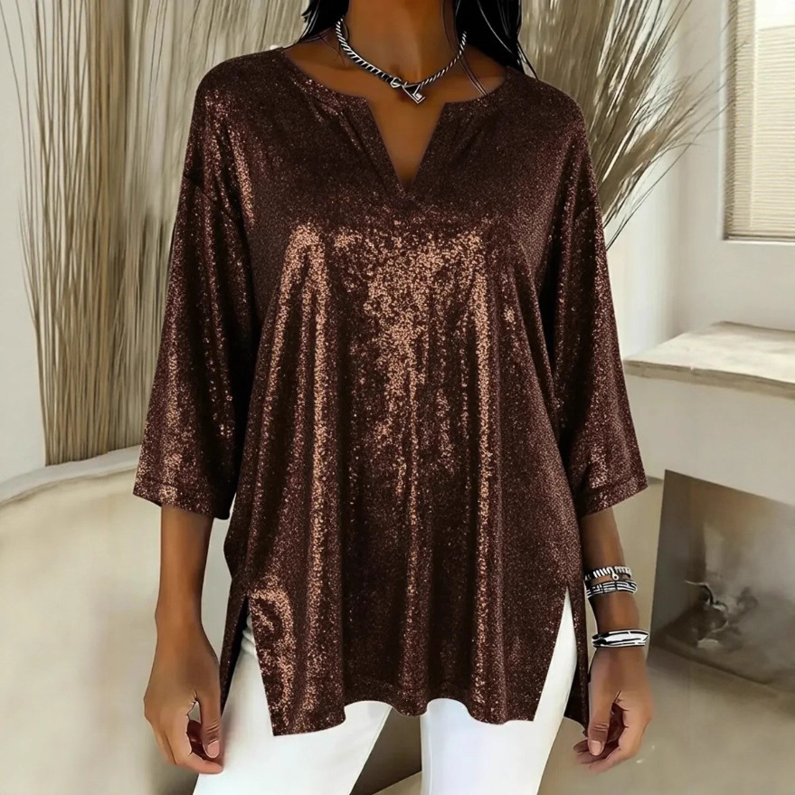 Independent Site Women's Shiny Christmas Long Sleeve Top - Brown, XL