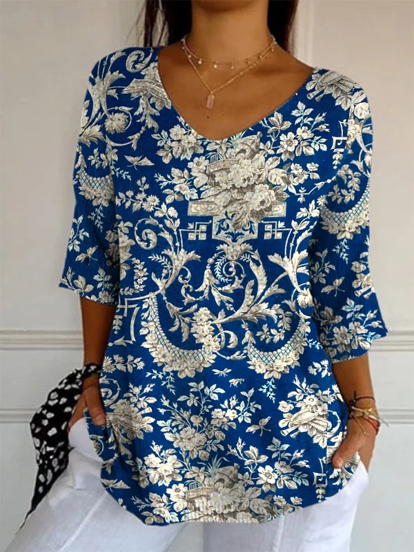 Elegant Retro Womens Casual Floral Print V-Neck Long-Sleeve Top - Style 2, 4XL