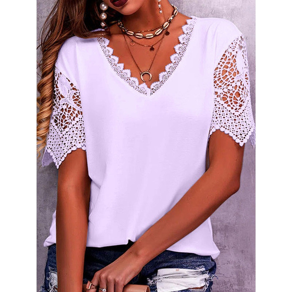 Lace Tops Women Summer Loose V Neck Short Sleeve Casual Shirts - Light purple, XXXL