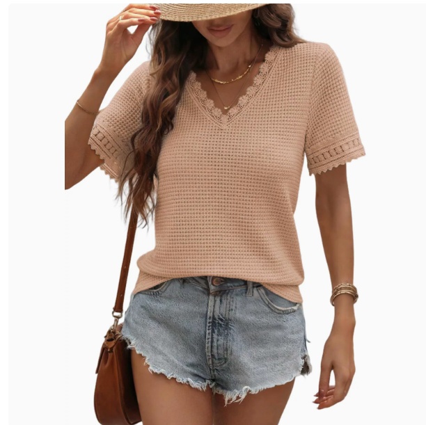 2026 Summer Women's V-Neck Waffle Knit Lace Patchwork Short Sleeve Casual T-Shirt Tops - Beige, S