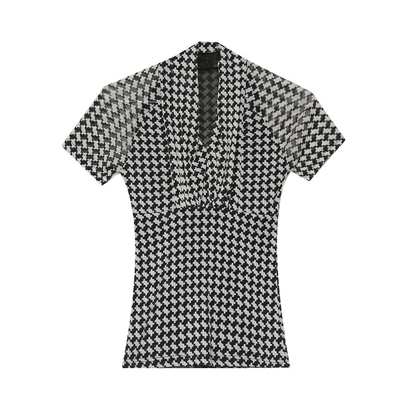 Houndstooth Bright Silk V-neck Short-sleeved T-shirt For Women - Black, L