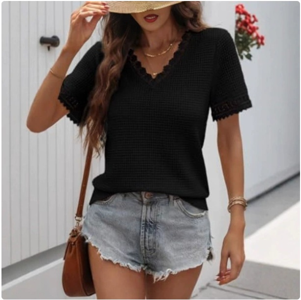 2026 Summer Women's V-Neck Waffle Knit Lace Patchwork Short Sleeve Casual T-Shirt Tops - Black, S
